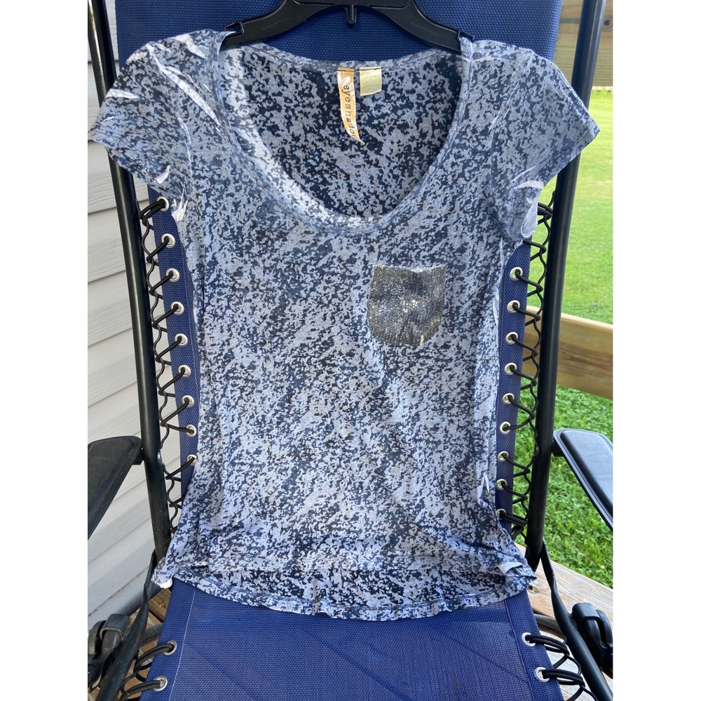 Eyeshadow Womens Blue Burnout Acid Wash Sequin Pocket Scoop Neck T-Shirt Size M